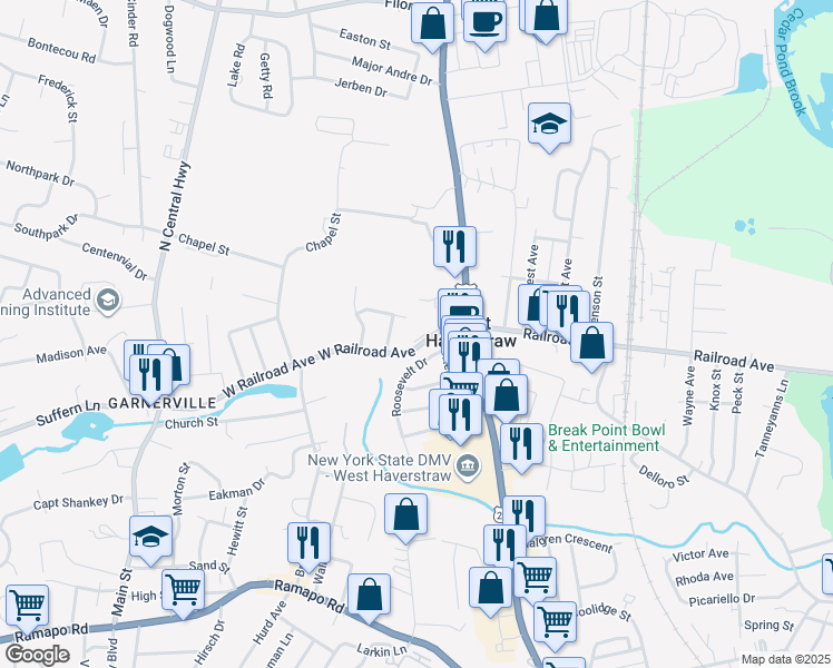 map of restaurants, bars, coffee shops, grocery stores, and more near 24 West Railroad Avenue in West Haverstraw