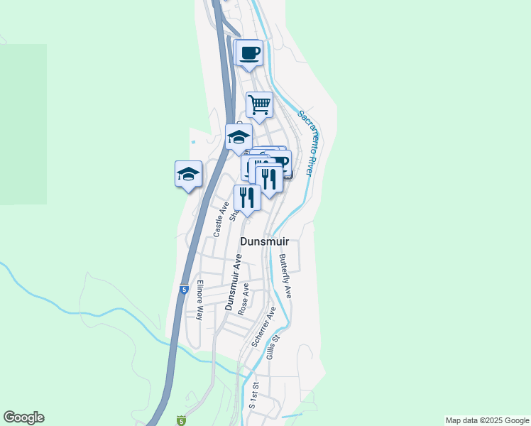 map of restaurants, bars, coffee shops, grocery stores, and more near 5902 Dunsmuir Avenue in Dunsmuir