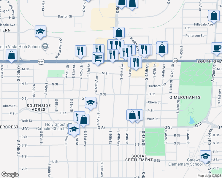 map of restaurants, bars, coffee shops, grocery stores, and more near 4925 South 50th Street in Omaha