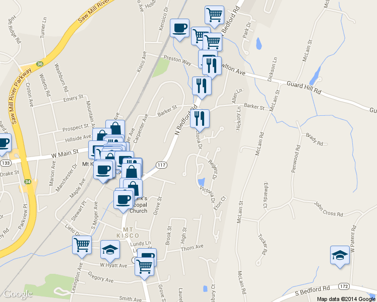 map of restaurants, bars, coffee shops, grocery stores, and more near 2906 Canterbury Way in Mount Kisco