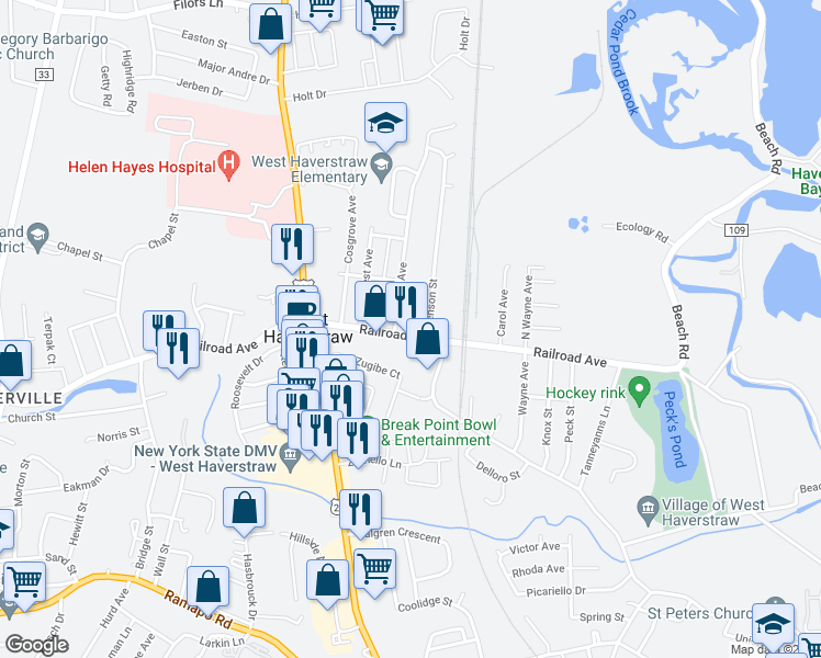 map of restaurants, bars, coffee shops, grocery stores, and more near 80 East Railroad Avenue in West Haverstraw