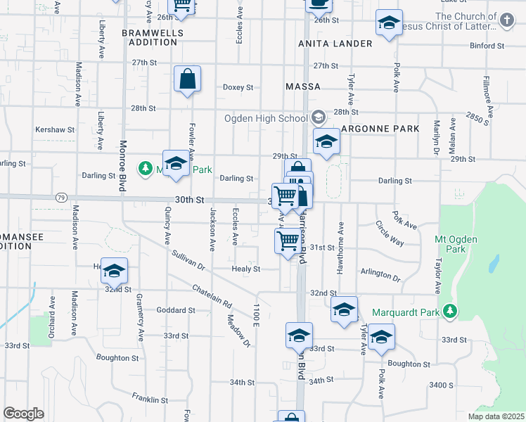map of restaurants, bars, coffee shops, grocery stores, and more near 3016 Van Buren Avenue in Ogden