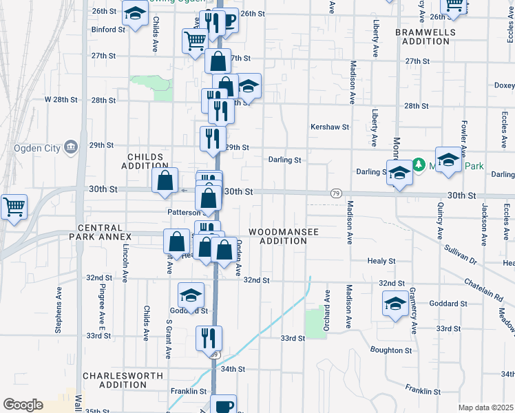 map of restaurants, bars, coffee shops, grocery stores, and more near 3024 Adams Avenue in Ogden