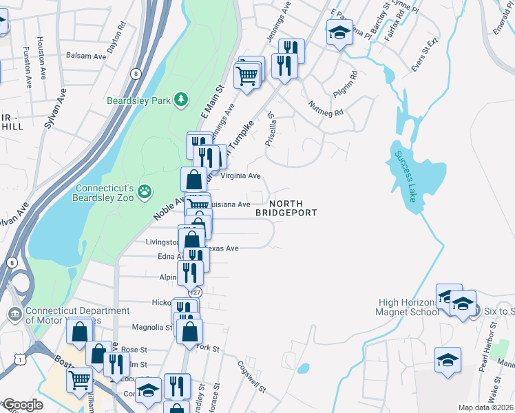 map of restaurants, bars, coffee shops, grocery stores, and more near 242 Louisiana Avenue in Bridgeport