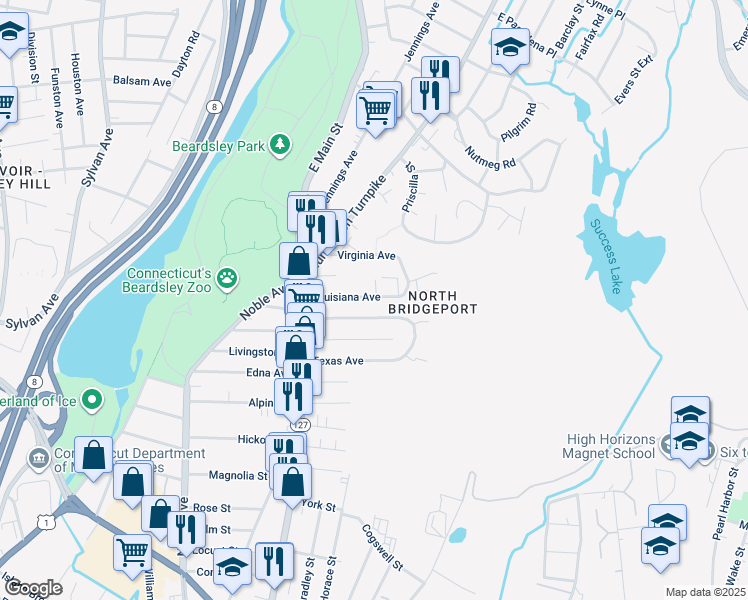 map of restaurants, bars, coffee shops, grocery stores, and more near 158 Louisiana Avenue in Bridgeport