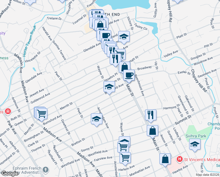 map of restaurants, bars, coffee shops, grocery stores, and more near 915 Wayne Street in Bridgeport