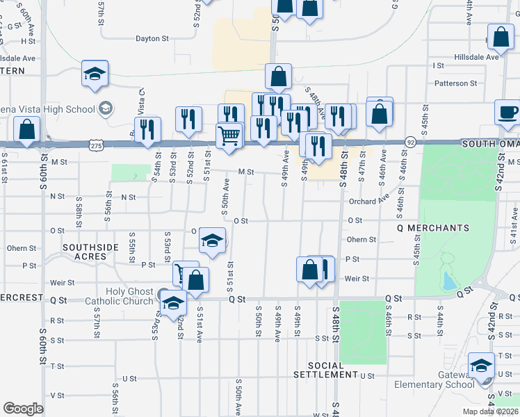 map of restaurants, bars, coffee shops, grocery stores, and more near 4925 South 50th Street in Omaha
