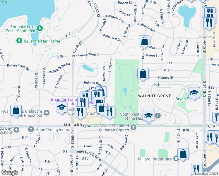 map of restaurants, bars, coffee shops, grocery stores, and more near 4901 South 153rd Street in Omaha