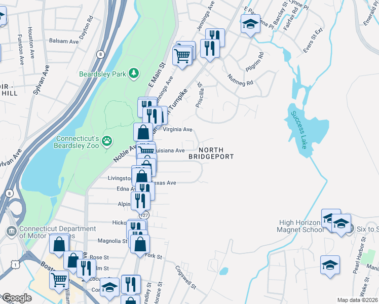 map of restaurants, bars, coffee shops, grocery stores, and more near 242 Louisiana Avenue in Bridgeport