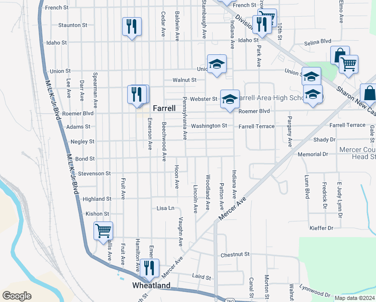 map of restaurants, bars, coffee shops, grocery stores, and more near 505 Pennsylvania Avenue in Farrell