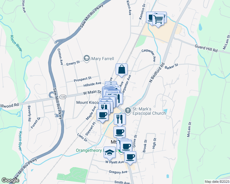 map of restaurants, bars, coffee shops, grocery stores, and more near 3 East Main Street in Mount Kisco