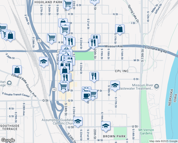 map of restaurants, bars, coffee shops, grocery stores, and more near 2019 N Street in Omaha