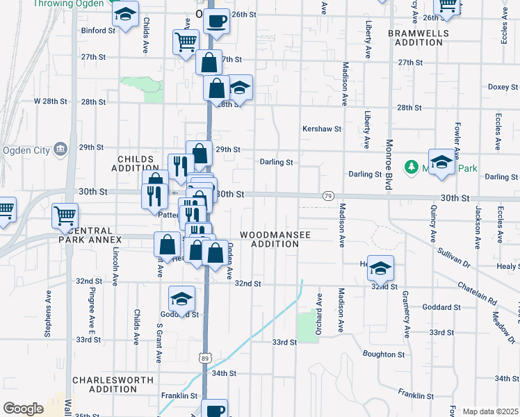 map of restaurants, bars, coffee shops, grocery stores, and more near 3024 Adams Avenue in Ogden