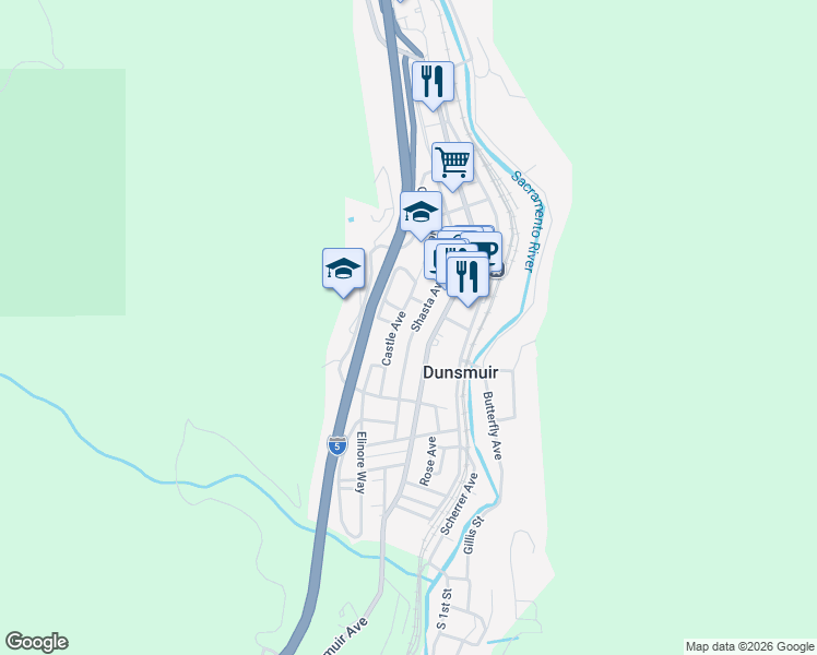 map of restaurants, bars, coffee shops, grocery stores, and more near 5923 Shasta Avenue in Dunsmuir