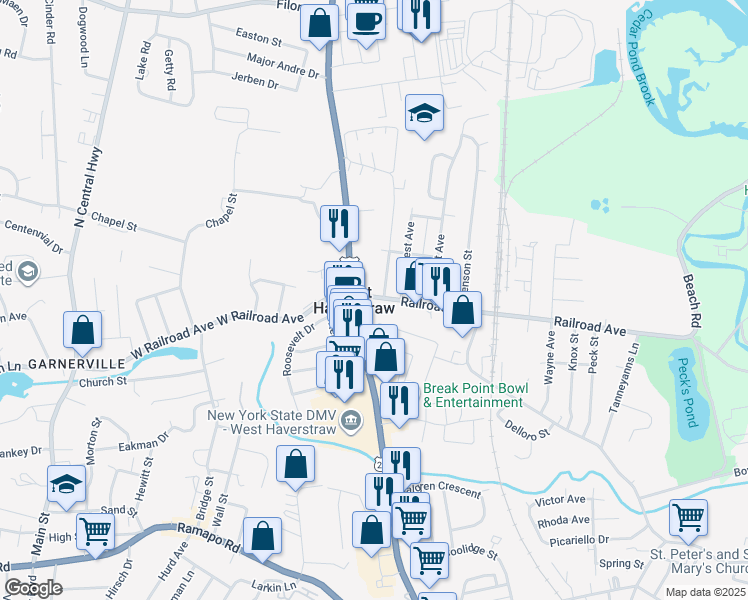 map of restaurants, bars, coffee shops, grocery stores, and more near 13 Railroad Avenue in West Haverstraw