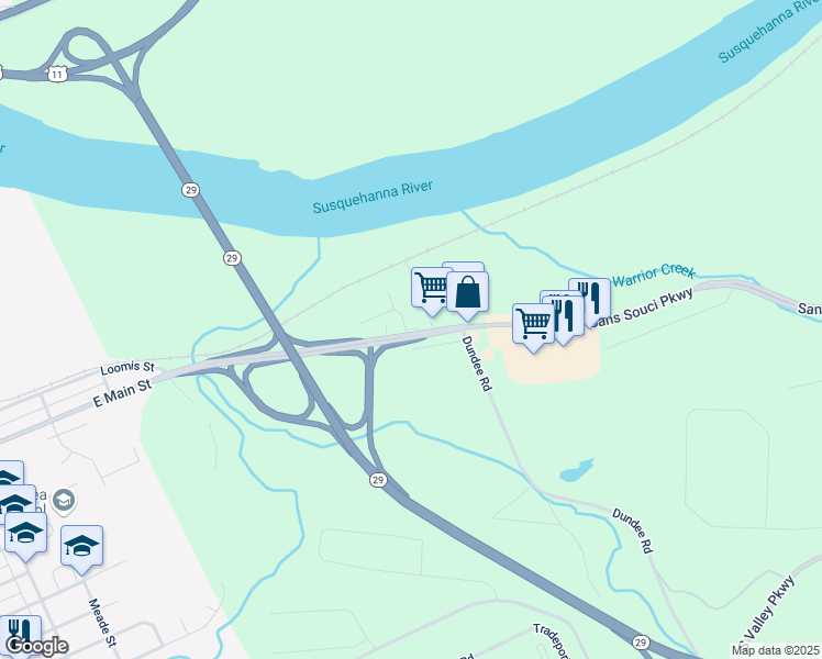 map of restaurants, bars, coffee shops, grocery stores, and more near Sans Souci Parkway in Luzerne County