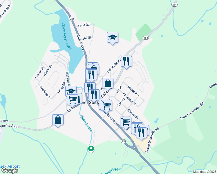 map of restaurants, bars, coffee shops, grocery stores, and more near 29a East Main Street in Sussex
