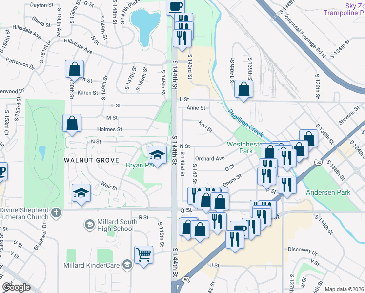 map of restaurants, bars, coffee shops, grocery stores, and more near 14301 N Street in Omaha