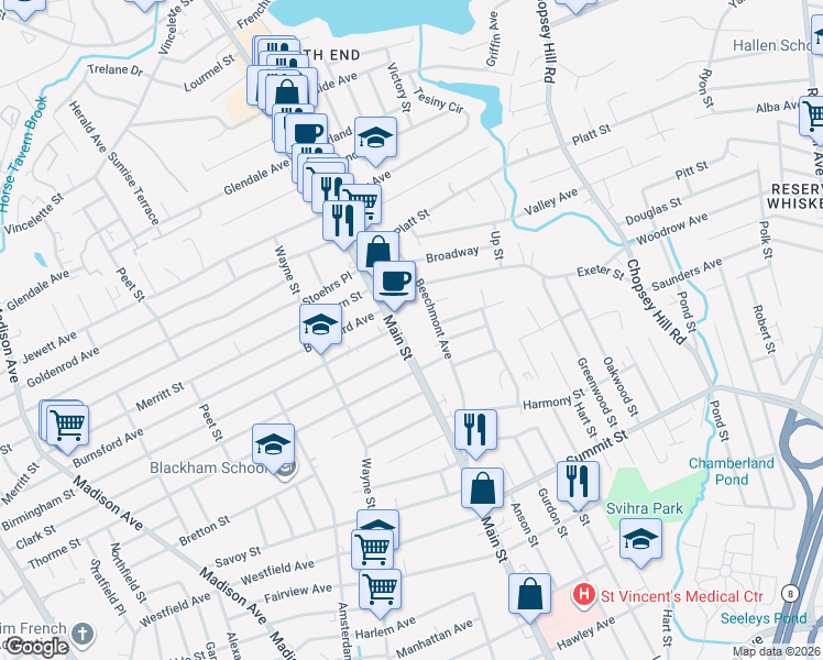 map of restaurants, bars, coffee shops, grocery stores, and more near 3510 Main Street in Bridgeport