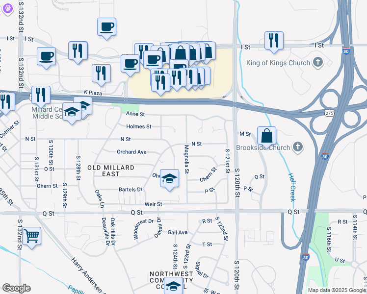 map of restaurants, bars, coffee shops, grocery stores, and more near 4906 Magnolia Street in Omaha