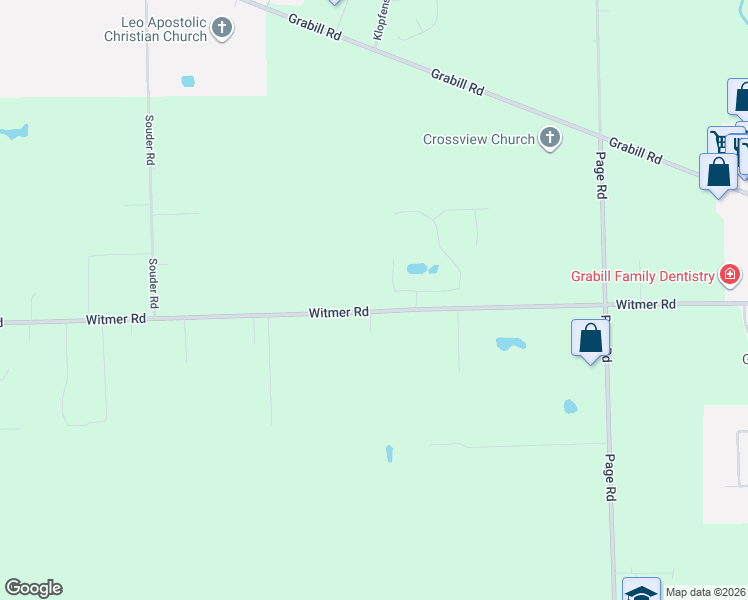 map of restaurants, bars, coffee shops, grocery stores, and more near 12115 Witmer Road in Grabill