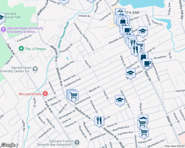 map of restaurants, bars, coffee shops, grocery stores, and more near 451 Goldenrod Avenue in Bridgeport