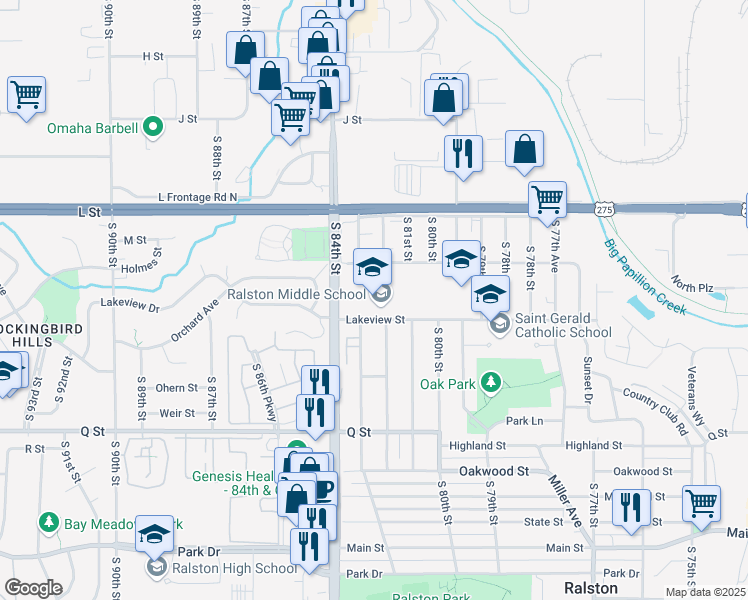 map of restaurants, bars, coffee shops, grocery stores, and more near 8202 Lakeview Street in Ralston