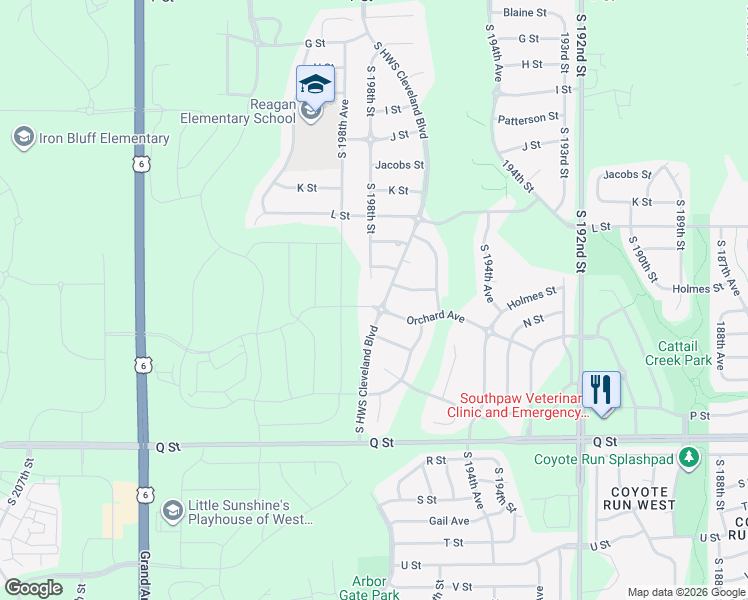 map of restaurants, bars, coffee shops, grocery stores, and more near 19762 N Street in Omaha