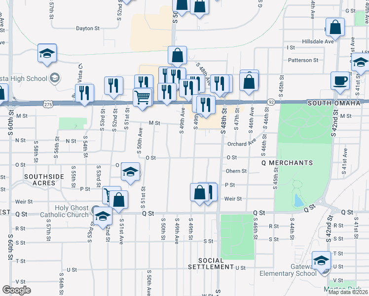 map of restaurants, bars, coffee shops, grocery stores, and more near 4923 South 49th Avenue in Omaha