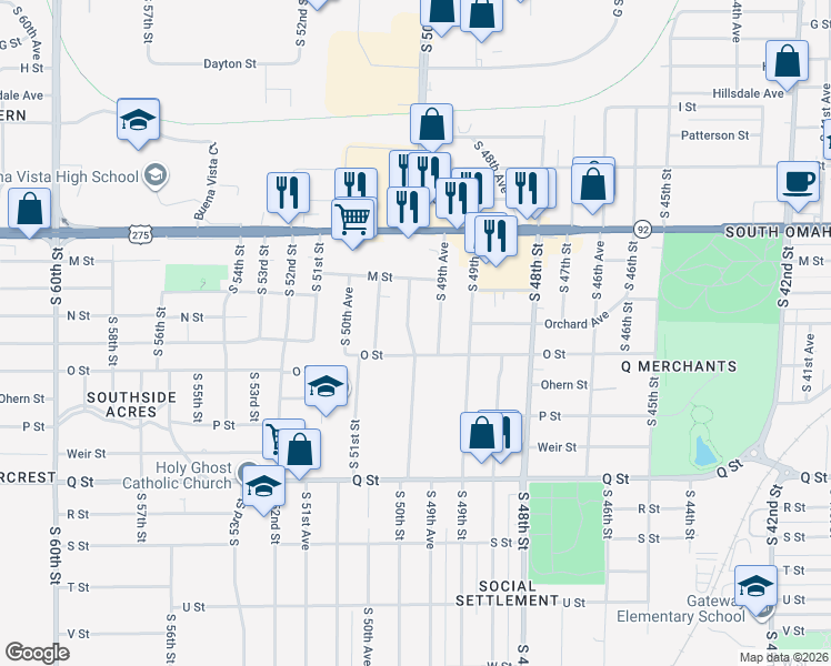 map of restaurants, bars, coffee shops, grocery stores, and more near 4925 South 50th Street in Omaha
