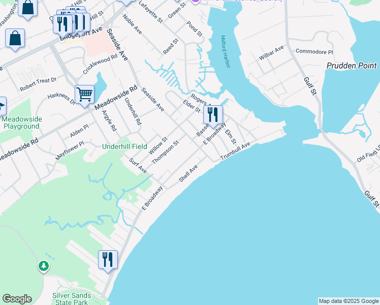 map of restaurants, bars, coffee shops, grocery stores, and more near 1002 East Broadway in Milford