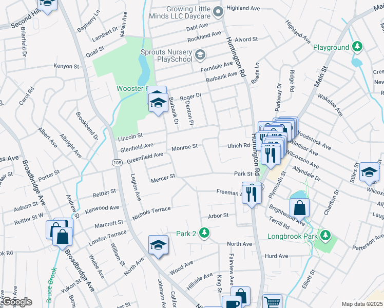 map of restaurants, bars, coffee shops, grocery stores, and more near 37 Monroe Street in Stratford