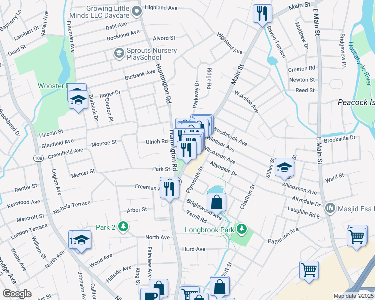 map of restaurants, bars, coffee shops, grocery stores, and more near 3563 Main Street in Stratford