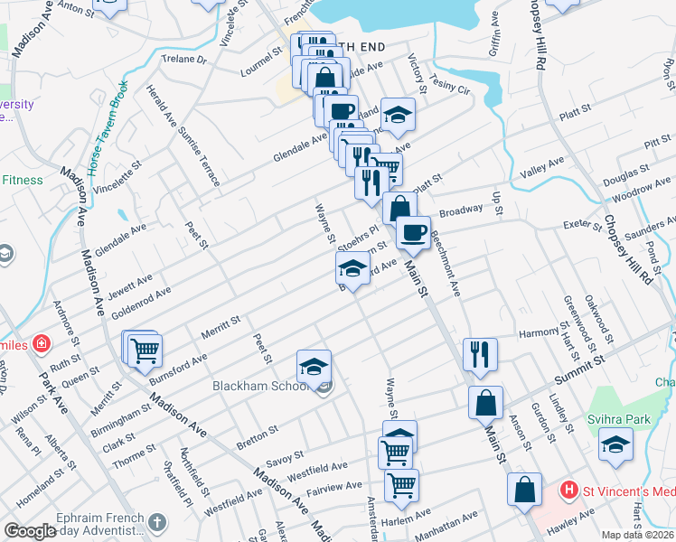 map of restaurants, bars, coffee shops, grocery stores, and more near 915 Wayne Street in Bridgeport