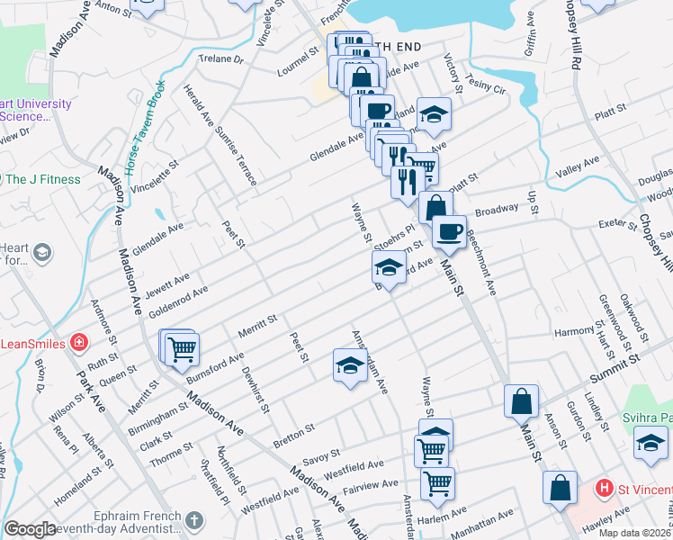 map of restaurants, bars, coffee shops, grocery stores, and more near 242 Merritt Street in Bridgeport