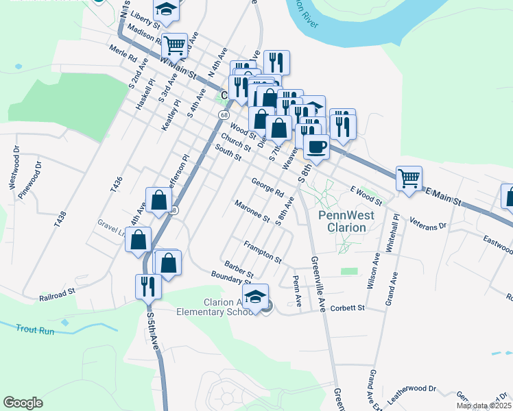 map of restaurants, bars, coffee shops, grocery stores, and more near 131 South 7th Avenue in Clarion
