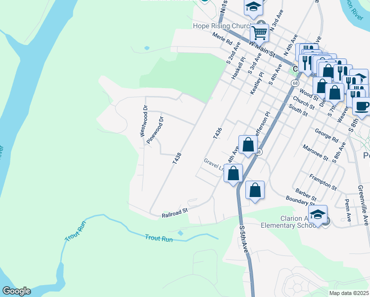 map of restaurants, bars, coffee shops, grocery stores, and more near 200-298 South 2nd Avenue in Clarion