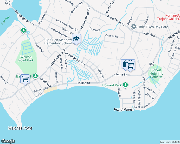 map of restaurants, bars, coffee shops, grocery stores, and more near Beachland Avenue in Milford