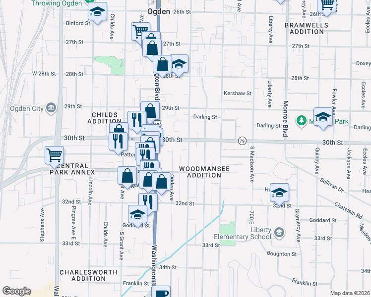 map of restaurants, bars, coffee shops, grocery stores, and more near 3021 Adams Avenue in Ogden