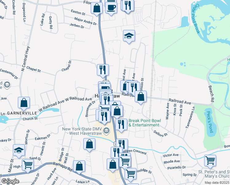map of restaurants, bars, coffee shops, grocery stores, and more near 18 Railroad Avenue in West Haverstraw
