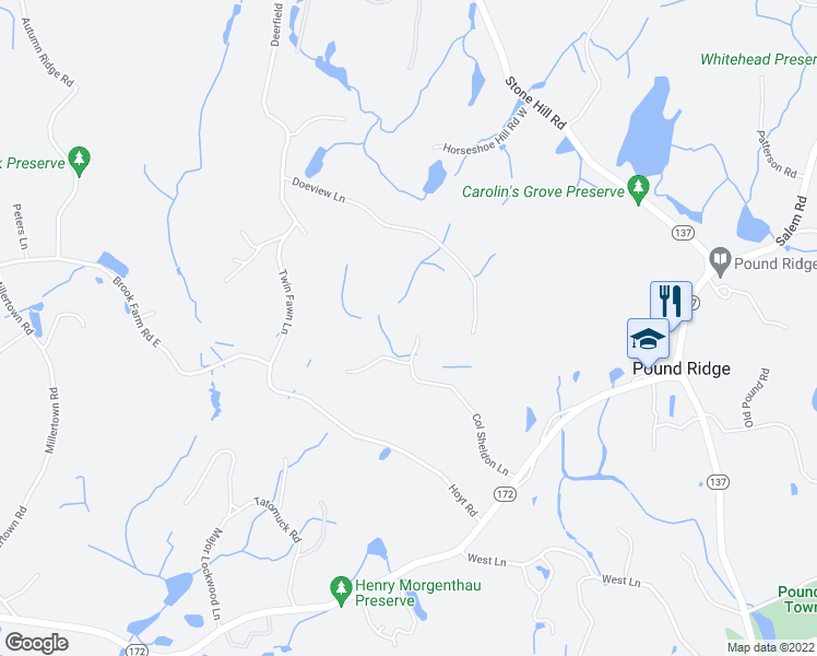 map of restaurants, bars, coffee shops, grocery stores, and more near 25 Col Sheldon Lane in Pound Ridge