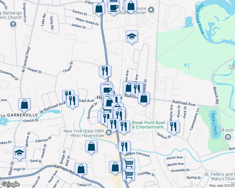 map of restaurants, bars, coffee shops, grocery stores, and more near 18 Railroad Avenue in West Haverstraw