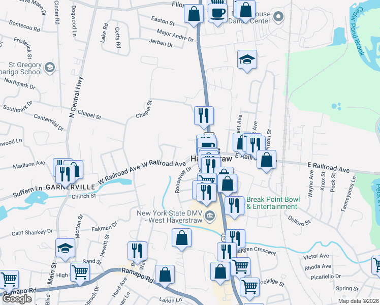 map of restaurants, bars, coffee shops, grocery stores, and more near 24 West Railroad Avenue in West Haverstraw