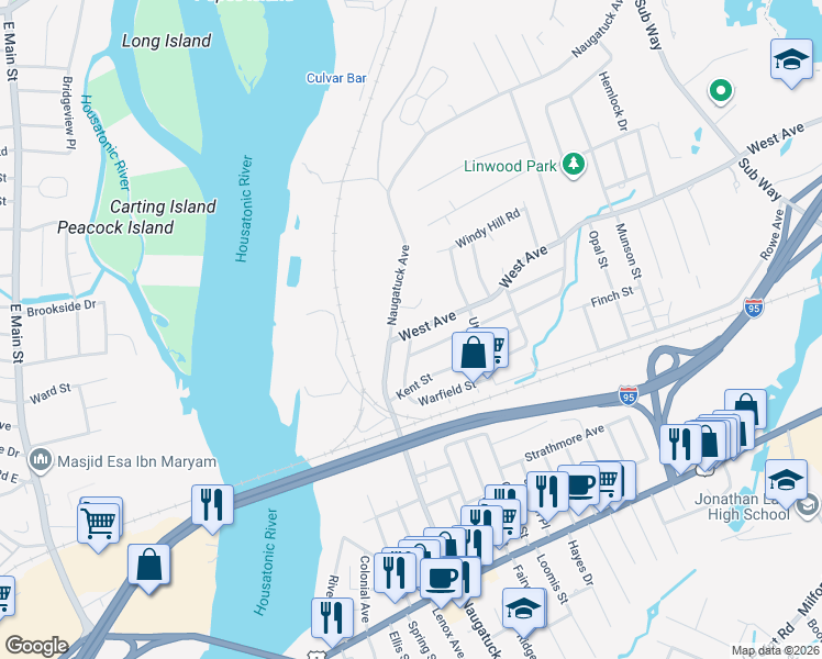 map of restaurants, bars, coffee shops, grocery stores, and more near 16 West Avenue in Milford