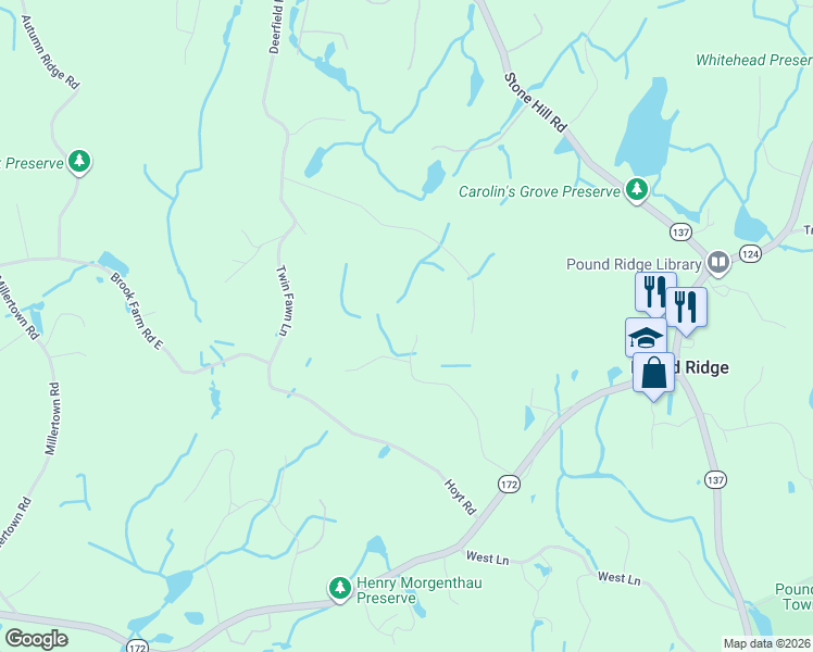 map of restaurants, bars, coffee shops, grocery stores, and more near 25 Col Sheldon Lane in Pound Ridge