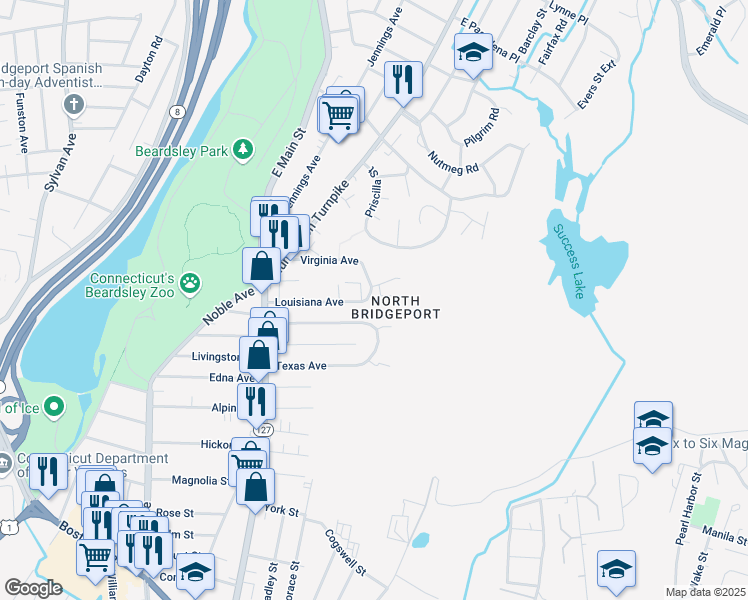 map of restaurants, bars, coffee shops, grocery stores, and more near 242 Louisiana Avenue in Bridgeport