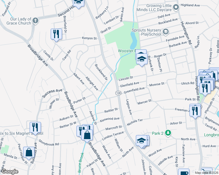 map of restaurants, bars, coffee shops, grocery stores, and more near 20 Meadowbrook Road in Stratford