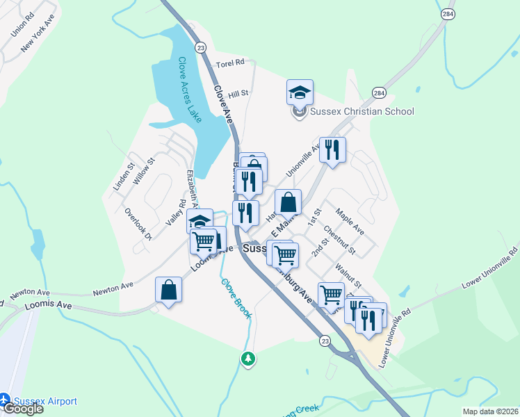 map of restaurants, bars, coffee shops, grocery stores, and more near in Sussex