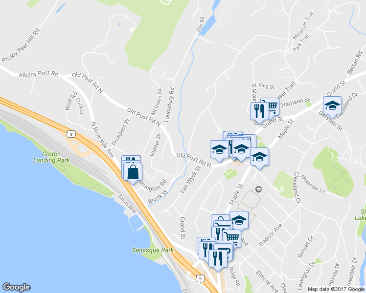 map of restaurants, bars, coffee shops, grocery stores, and more near 41 Old Post Road North in Croton-on-Hudson