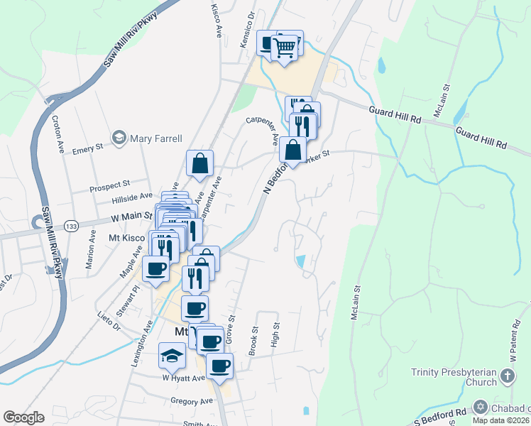 map of restaurants, bars, coffee shops, grocery stores, and more near 109 North Bedford Road in Mount Kisco